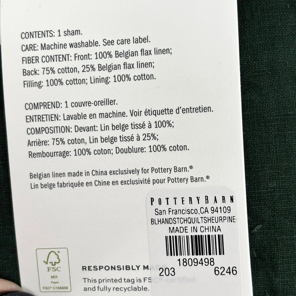NEW Pottery Barn Belgian Flax Linen Hand-Stitched Euro Sham Set of 2 Pine Green